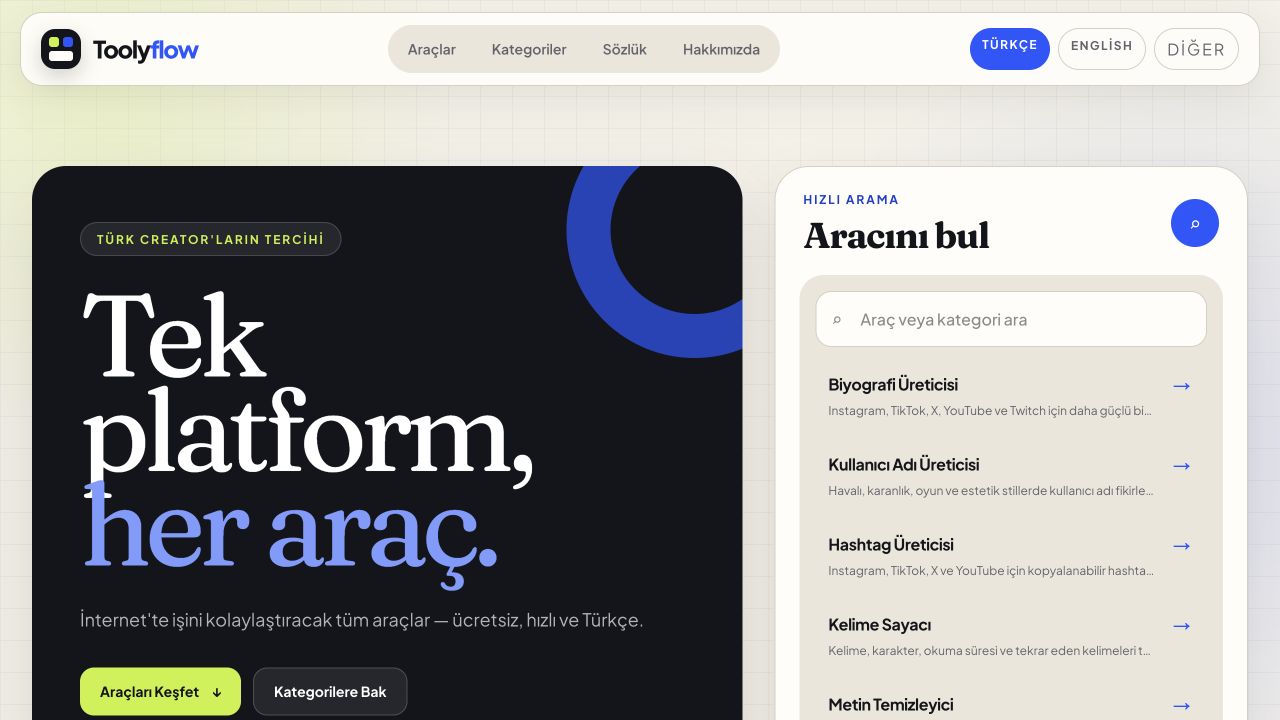 Toolyflow'un araç araması ve günlük araçları sunan ana sayfası